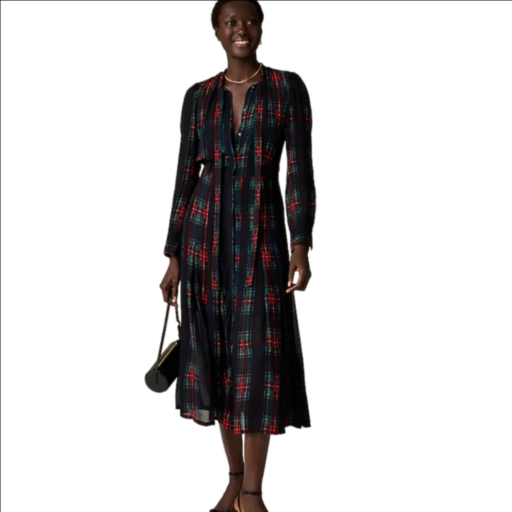 J Crew Tie Neck Dress Stewart Tartan Viscose Chiffon CF794  Size XS NWT